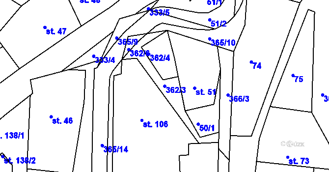 Parcela st. 362/3 v KÚ Hroubovice, Katastrální mapa