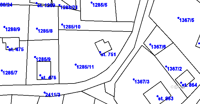 Parcela st. 751 v KÚ Hroznětín, Katastrální mapa