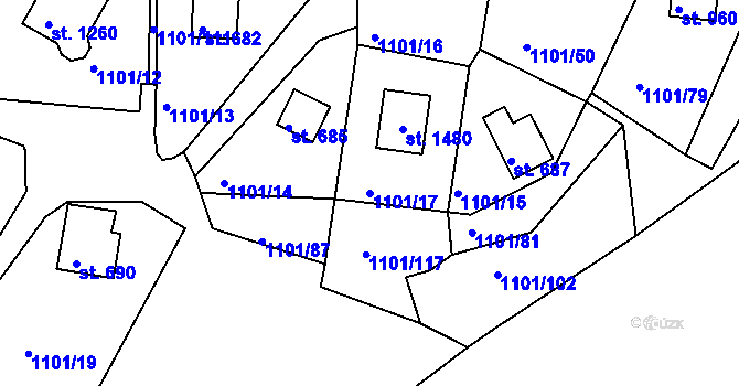 Parcela st. 1101/17 v KÚ Hroznětín, Katastrální mapa