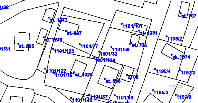 Parcela st. 1101/32 v KÚ Hroznětín, Katastrální mapa