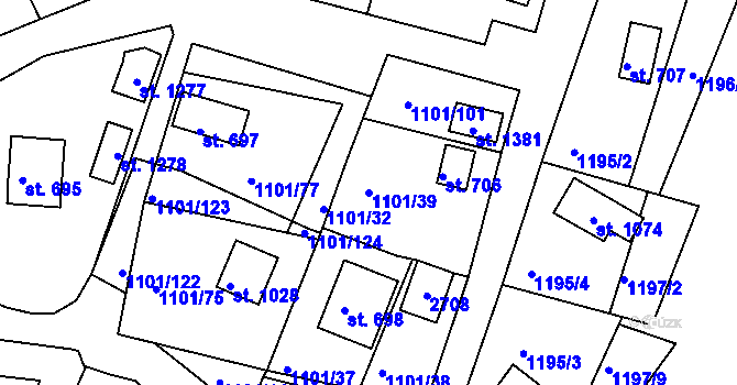 Parcela st. 1101/39 v KÚ Hroznětín, Katastrální mapa