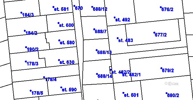 Parcela st. 688/13 v KÚ Hroznová Lhota, Katastrální mapa