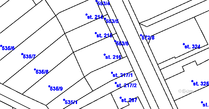 Parcela st. 216 v KÚ Hrubčice, Katastrální mapa