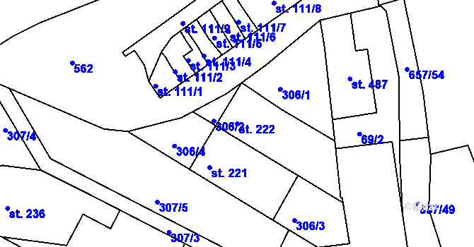 Parcela st. 222 v KÚ Hrubčice, Katastrální mapa