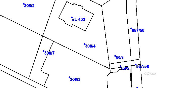 Parcela st. 308/4 v KÚ Hrubčice, Katastrální mapa