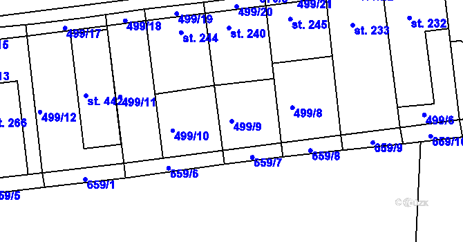 Parcela st. 499/9 v KÚ Hrubčice, Katastrální mapa