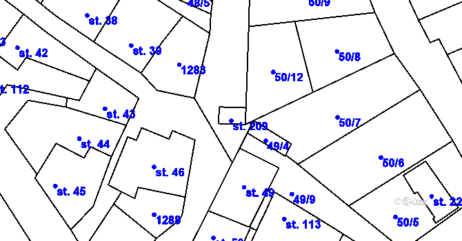 Parcela st. 209 v KÚ Hruška, Katastrální mapa