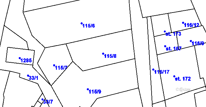 Parcela st. 115/8 v KÚ Hruška, Katastrální mapa