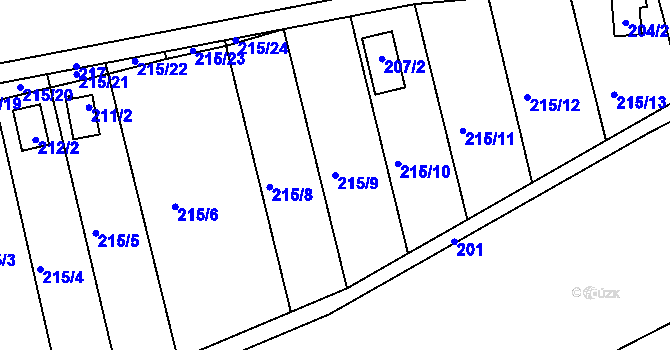 Parcela st. 215/9 v KÚ Henčov, Katastrální mapa