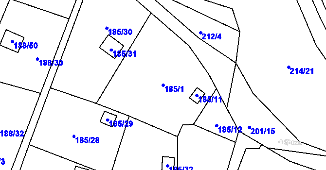 Parcela st. 185/1 v KÚ Hruškové Dvory, Katastrální mapa