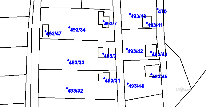 Parcela st. 493/3 v KÚ Hruškové Dvory, Katastrální mapa