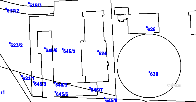 Parcela st. 624 v KÚ Hruškové Dvory, Katastrální mapa