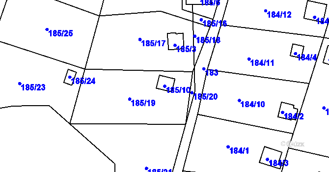 Parcela st. 185/10 v KÚ Hruškové Dvory, Katastrální mapa