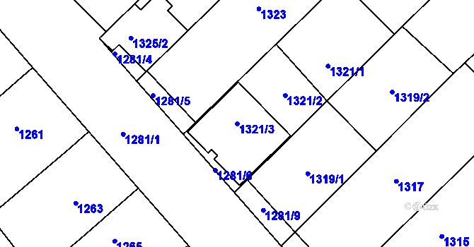 Parcela st. 1321/3 v KÚ Hrušky, Katastrální mapa