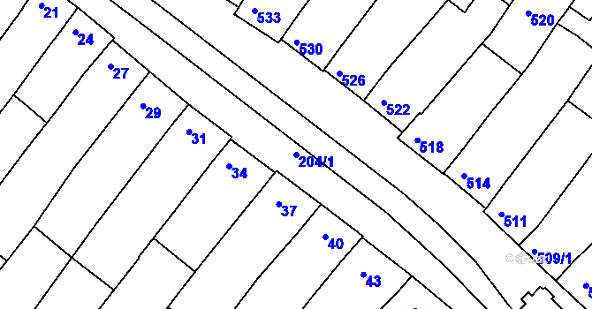 Parcela st. 204/1 v KÚ Hrušky, Katastrální mapa