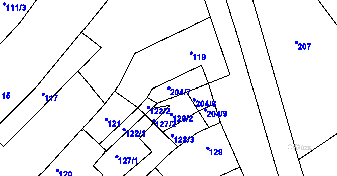 Parcela st. 204/7 v KÚ Hrušky, Katastrální mapa