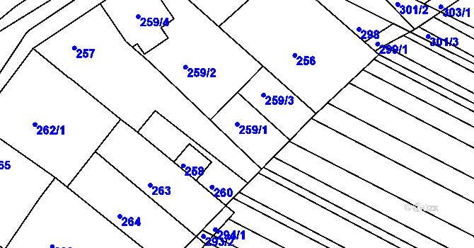 Parcela st. 259/1 v KÚ Hrušky, Katastrální mapa