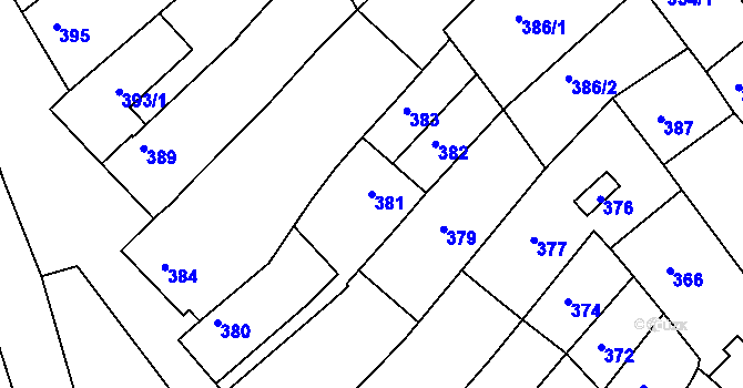 Parcela st. 381 v KÚ Hrušky, Katastrální mapa