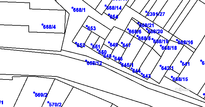 Parcela st. 648 v KÚ Hrušky, Katastrální mapa