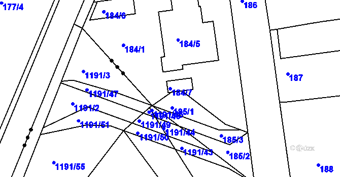 Parcela st. 184/7 v KÚ Hrušky, Katastrální mapa
