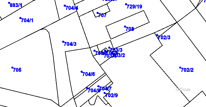 Parcela st. 703/4 v KÚ Hrušky, Katastrální mapa