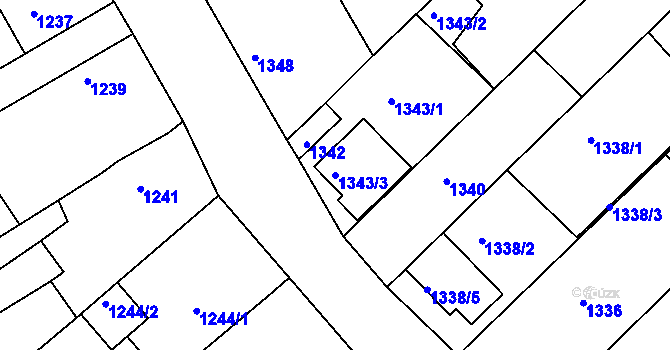 Parcela st. 1343/3 v KÚ Hrušky, Katastrální mapa