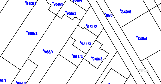 Parcela st. 951/3 v KÚ Hrušky, Katastrální mapa