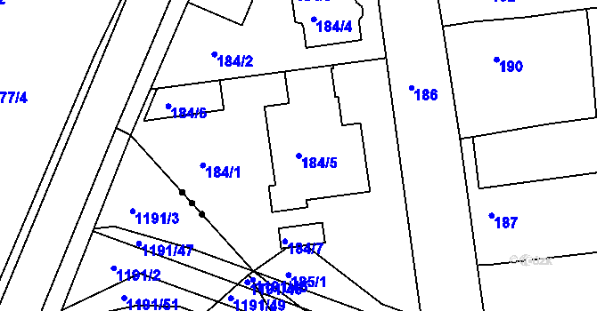 Parcela st. 184/5 v KÚ Hrušky, Katastrální mapa
