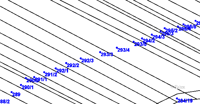 Parcela st. 293/3 v KÚ Hrušky, Katastrální mapa