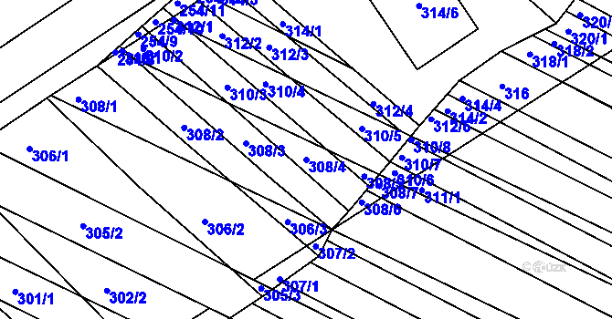Parcela st. 308/4 v KÚ Hrušky, Katastrální mapa