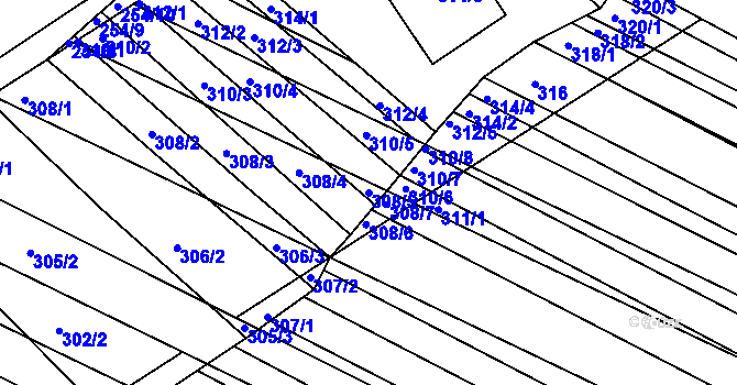 Parcela st. 308/5 v KÚ Hrušky, Katastrální mapa