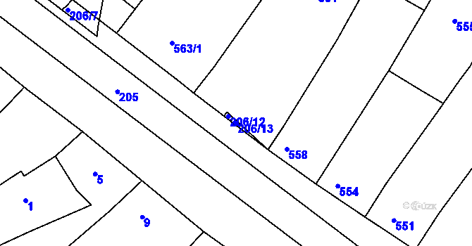 Parcela st. 206/13 v KÚ Hrušky, Katastrální mapa