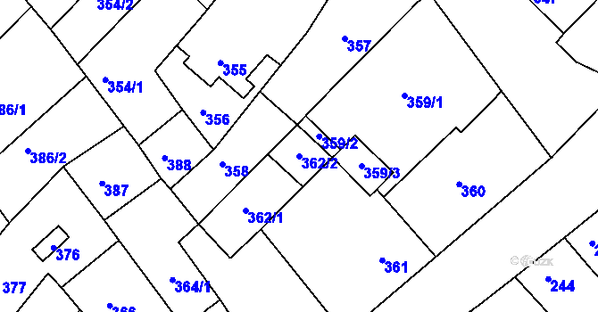 Parcela st. 362/2 v KÚ Hrušky, Katastrální mapa