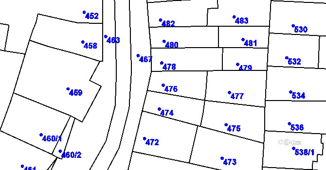 Parcela st. 476 v KÚ Hrušky u Brna, Katastrální mapa