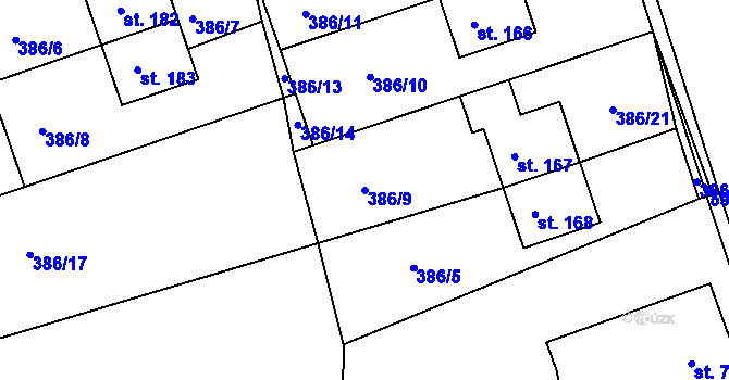 Parcela st. 386/9 v KÚ Hrušová, Katastrální mapa