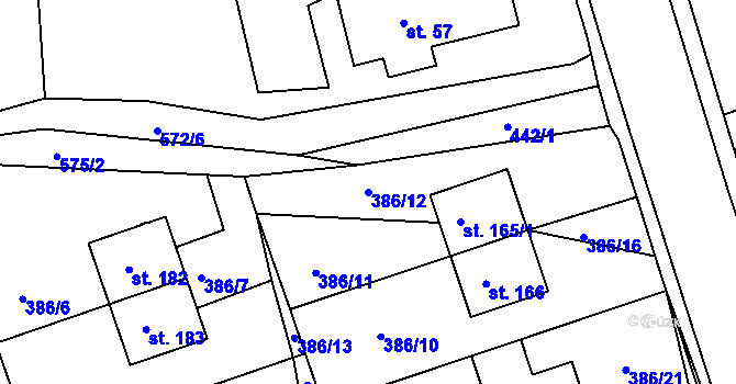 Parcela st. 386/12 v KÚ Hrušová, Katastrální mapa