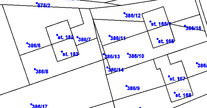 Parcela st. 386/13 v KÚ Hrušová, Katastrální mapa
