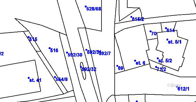 Parcela st. 592/7 v KÚ Hrušová, Katastrální mapa