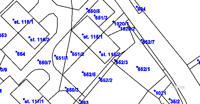 Parcela st. 115/2 v KÚ Hrušovany u Chomutova, Katastrální mapa