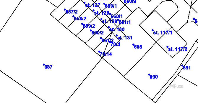 Parcela st. 70/14 v KÚ Hrušovany u Chomutova, Katastrální mapa