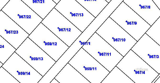 Parcela st. 967/1 v KÚ Hrušovany u Chomutova, Katastrální mapa