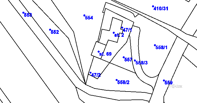 Parcela st. 69 v KÚ Lažany u Chomutova, Katastrální mapa