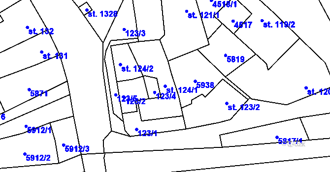 Parcela st. 124/1 v KÚ Hrušovany nad Jevišovkou, Katastrální mapa