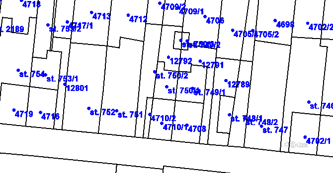 Parcela st. 750/1 v KÚ Hrušovany nad Jevišovkou, Katastrální mapa
