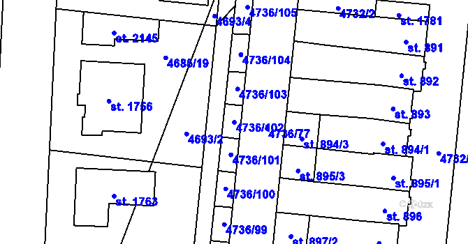 Parcela st. 4736/102 v KÚ Hrušovany nad Jevišovkou, Katastrální mapa
