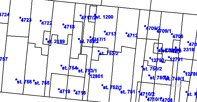 Parcela st. 752/2 v KÚ Hrušovany nad Jevišovkou, Katastrální mapa