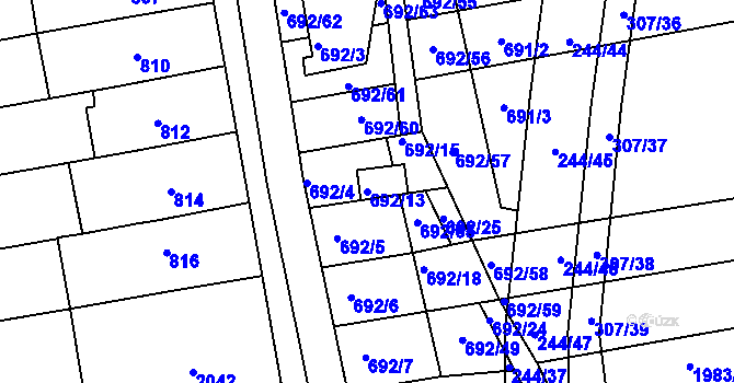 Parcela st. 692/13 v KÚ Hrušovany u Brna, Katastrální mapa