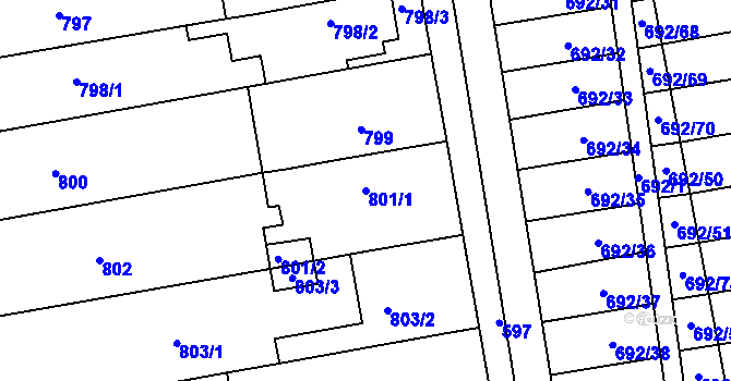 Parcela st. 801/1 v KÚ Hrušovany u Brna, Katastrální mapa