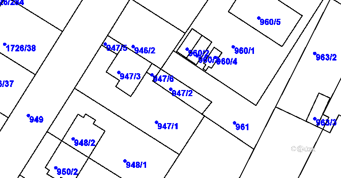 Parcela st. 947/2 v KÚ Hrušovany u Brna, Katastrální mapa