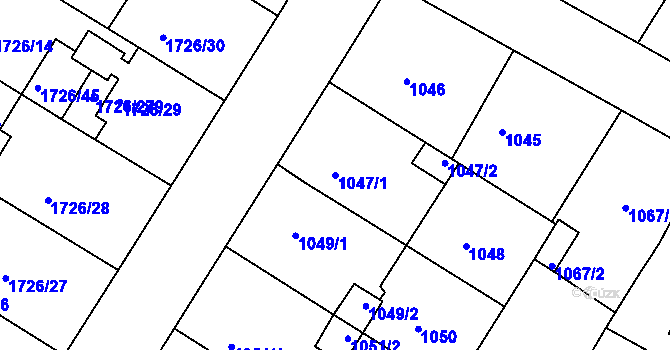 Parcela st. 1047/1 v KÚ Hrušovany u Brna, Katastrální mapa